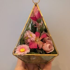 Geometric Glass Terrarium with Pink Flowers